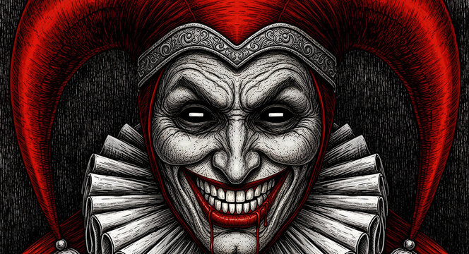 Creepy evil jester with a bloody grin and glowing eyes. Scary clown wearing a red hat and ruff collar in a dark fantasy style. Horror concept for Halloween and gothic psychological themes.