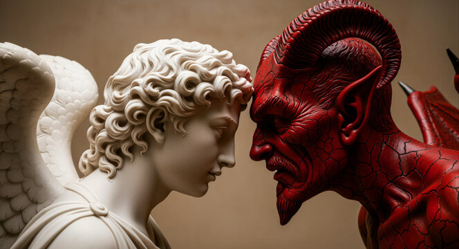 White marble angel and red cracked demon statue facing each other. Classical sculpture style showing a direct confrontation between good and evil. Moral duality concept for spiritual storytelling.