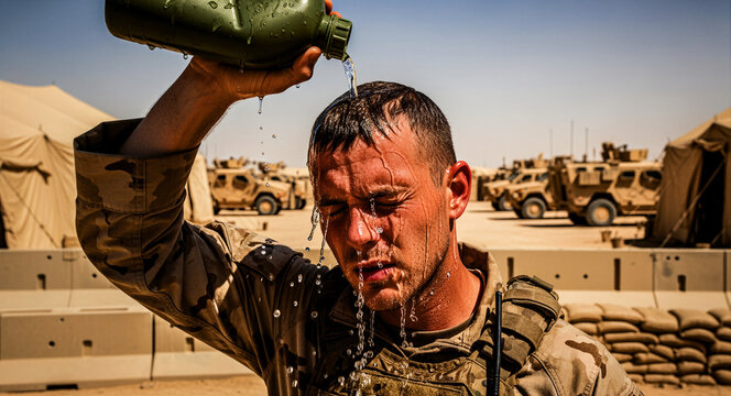 Soldier pouring water from a canteen over his face in a desert military camp. Army infantryman cooling down under the hot sun near armored vehicles. Tactical relief and hydration concept.