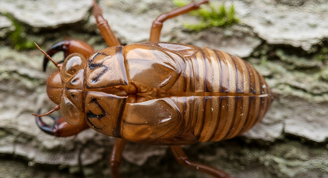 Cicada shell macro on tree bark, insect exoskeleton nature