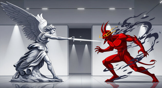 Angel statue confronting a red demon in a minimalist gallery. A celestial figure points a sword at a hellish entity with dark energy. Good vs evil metaphor, ideal for spiritual conflict themes.