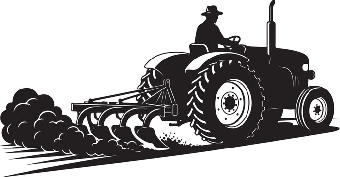 Farmer plowing dry field with vintage tractor in rural countryside landscape,Generative Ai