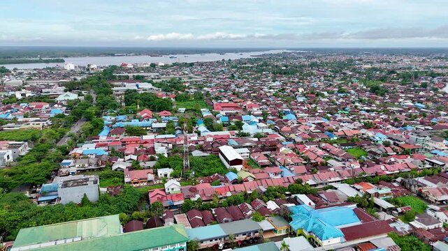 Aerial Drone View of Indonesian Village, Colorful Rooftops, Borneo