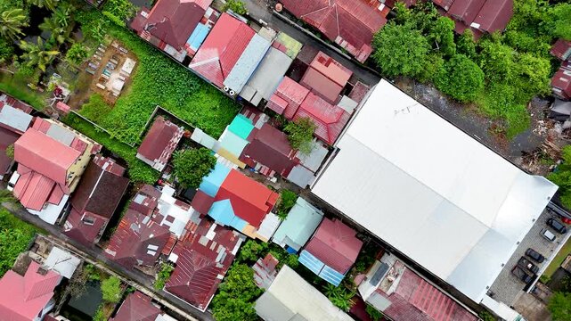 Aerial Drone View of Indonesian Village, Colorful Rooftops, Borneo