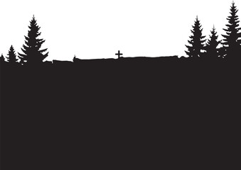 Obraz premium Foggy Forest Church Silhouette in Mysterious Black and White Landscape, Generative AI