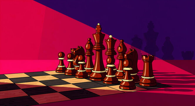 Wooden chess pieces stand in formation on a checkered board. Stylized illustration features dramatic red and purple lighting with sharp shadows. Strategic competition and leadership concept.