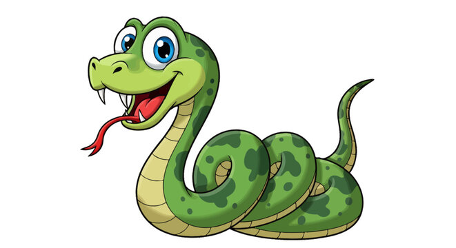 Playful cartoon snake coiled and smiling in bright colors.