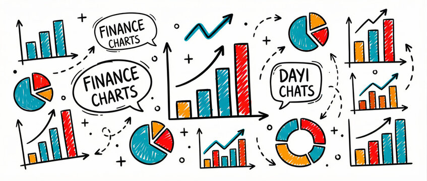 Hand-drawn financial doodle charts and business infographics collection. Colorful bar graphs and pie charts showing growth trends. Perfect for creative data visualization and marketing design.