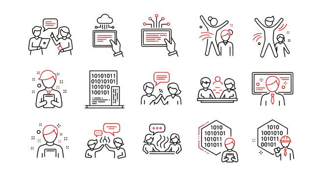 Set of playful line art icons depicting teamwork, presentation, celebration and collaboration among people.