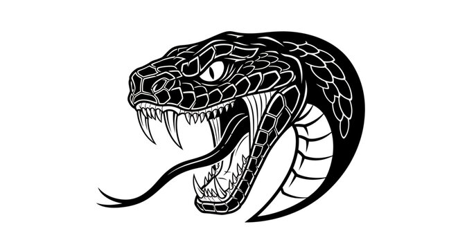Black and white snake head illustration with open mouth and extended fangs.