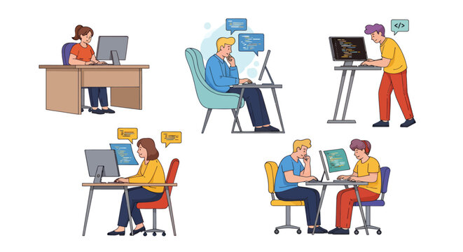 Group of colleagues collaborating at desks and computers in a modern office environment.