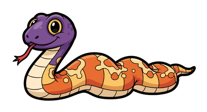 Playful purple and orange cartoon snake coiled in a cute illustration.