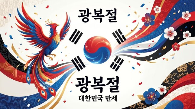 Colorful Phoenix Bird and Taegeuk Symbol for South Korea Independence Day and Confetti on White Background
