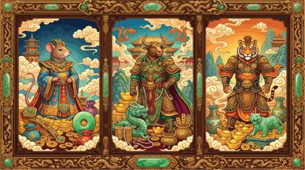 Fototapeta premium Three traditional chinese zodiac animals depicted in ornate golden frames with vibrant colors and rich details