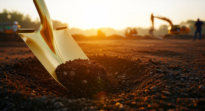 Golden shovel digging in soil at a construction site during sunset. Excavator and workers at a busy development project. Groundbreaking ceremony concept for real estate investment and industry growth.