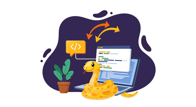 Playful yellow duck with laptop and plants illustration on purple background.