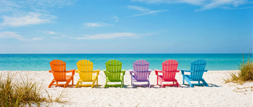 Row of colorful Adirondack chairs on a white sand beach facing the blue ocean. Vibrant rainbow wooden seats under a clear sky. Summer vacation concept for travel and resort marketing.