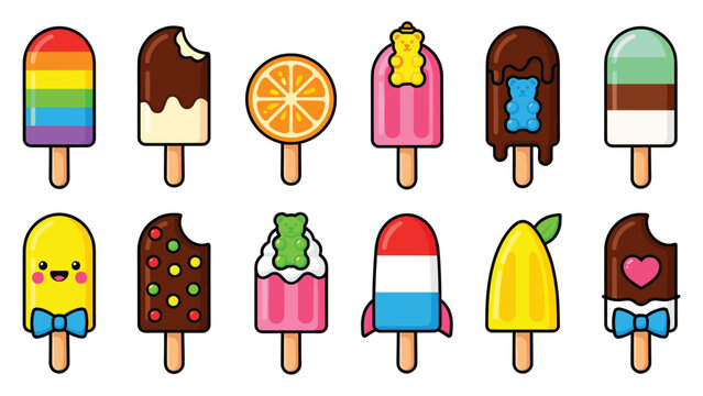 Set of cute vector popsicle icons for summer dessert menu design collection flat graphic.