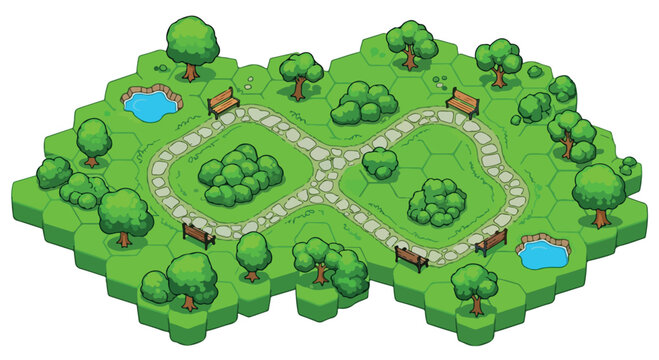 Isometric park map vector with hexagonal tiles, green garden landscape with stone paths and trees, outdoor recreation area game assets