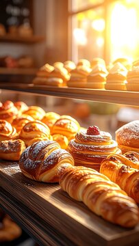 A bakery display case filled with assorted pastries (8)
