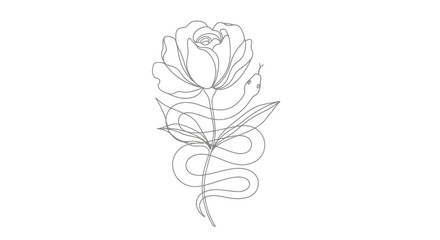 Obraz premium Elegant line drawing of a single rose with stem and leaves in botanical illustration style.