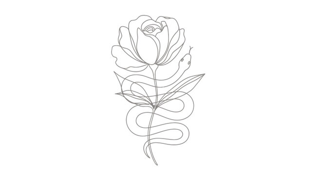 Elegant line drawing of a single rose with stem and leaves in botanical illustration style.