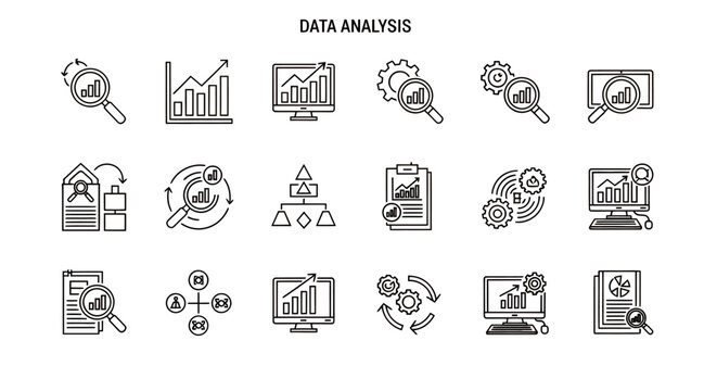 Collection of data analysis and analytics icons for dashboards and reporting visuals.