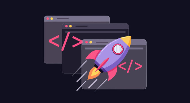 Futuristic rocket launch emerging from overlapping code windows depicting software development and innovation.