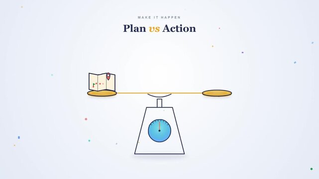 Plan versus action comparison with animated balance scale weighing map and rocket for strategy