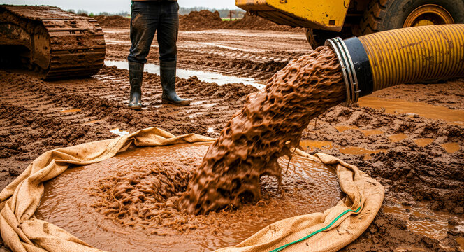Industrial hose pumping thick sludge at a construction site. Worker in rubber boots monitors drainage near heavy machinery. Wastewater management and civil engineering concept.