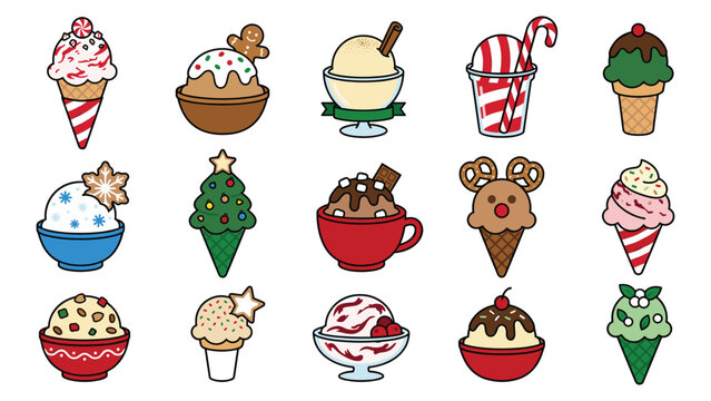 Set of 15 various ice creams, vector illustration in a flat cartoon style.