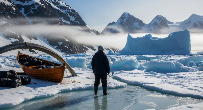 Explorer standing in icy water looking at snowy mountains. Wooden boat on ice floes near blue icebergs in a misty polar scene. Arctic adventure concept for climate change and travel marketing.