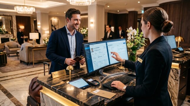 Hotel Receptionist Checking in a Guest at the Front Desk