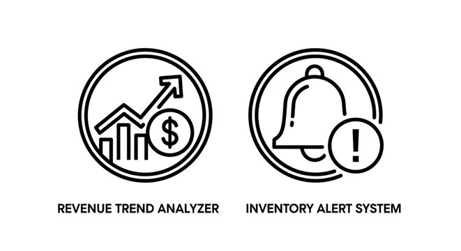 Revenue trend analyzer and inventory alert system icons with analyzer, inventory