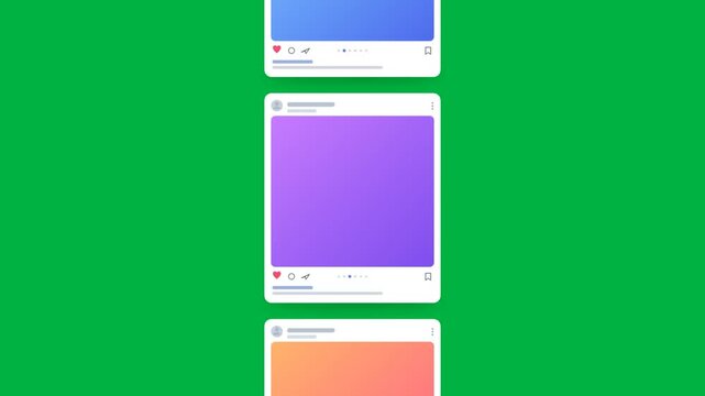Social media post mockups scrolling vertically on green screen for chroma key compositing