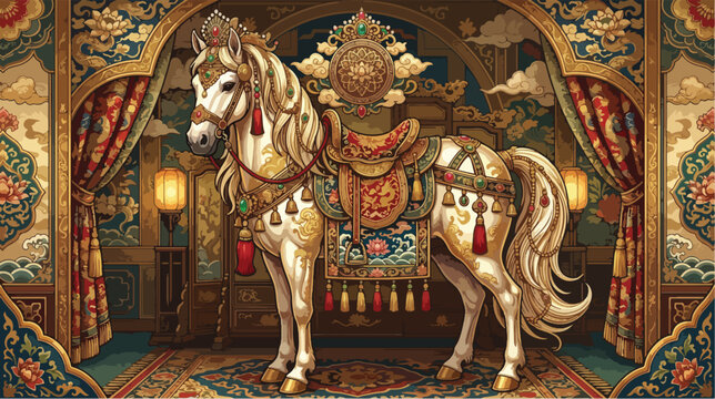 Majestic white horse wearing ornate traditional royal golden jewelry and a decorative saddle inside palace interiors