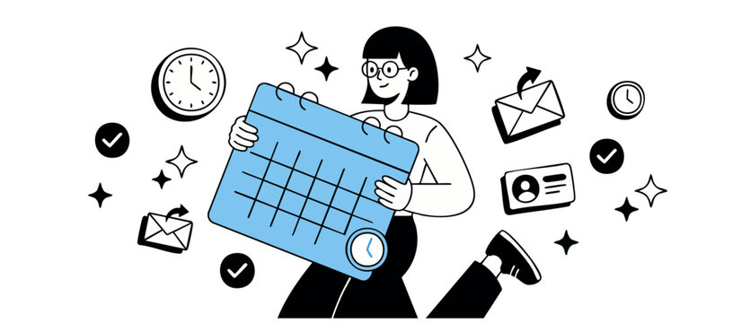 Calendar planning woman time management illustration holding big organizer for schedule planning, task list icons, email notifications, work productivity concept vector isolated on white environment