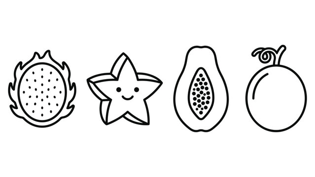 Set of four simple black and white line art icons depicting various exotic tropical fruits.