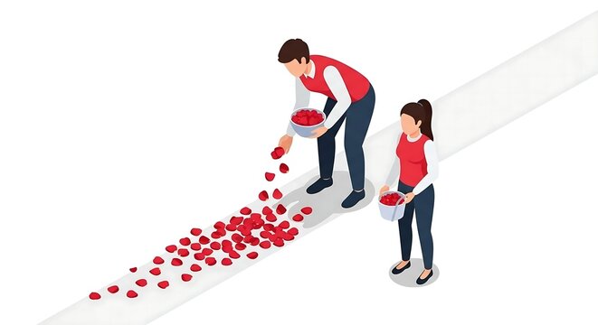 People scattering red rose petals on a white wedding path