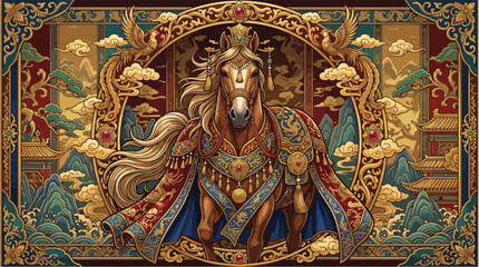 Fototapeta premium Majestic brown horse wearing ornate golden traditional armor standing within a beautiful intricate asian art frame