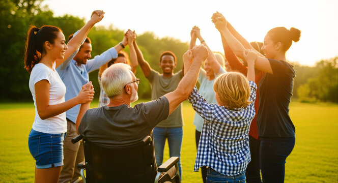 Diverse group of people holding hands in a circle with a man in a wheelchair. Multi-generational community raising arms together at sunset. Unity and inclusion concept for social welfare marketing.