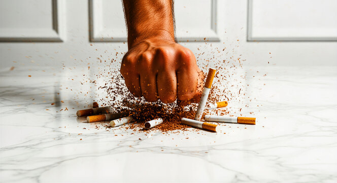Man's fist crushing a pile of cigarettes on a marble surface. Exploding tobacco and broken cigarettes show the power of quitting. Health concept for anti-smoking and wellness campaigns.