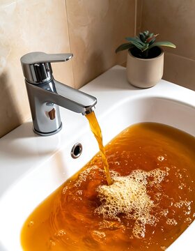 A bathroom sink overflows with rusty water and bubbles