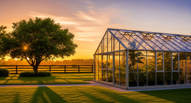 Glass greenhouse in a lush garden at sunset. Sun shines through a tree onto a manicured lawn and fence. Sustainable gardening concept, ideal for horticulture and organic living themes.