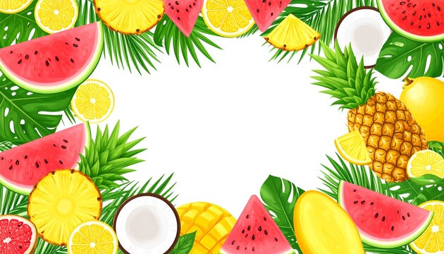 Vibrant summer fruit border with tropical leaves and colorful slices of watermelon, pineapple, coconut, and citrus on white background