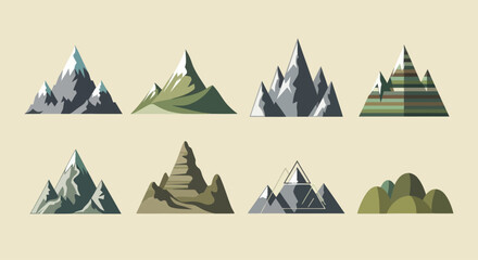 Collection of stylized mountain peaks in flat design style, diverse shapes and colors, graphic elements for outdoor themes. © masheri