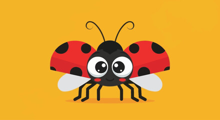 Cute cartoon ladybug character with big eyes and wings spread, flat vector illustration on yellow background © masheri