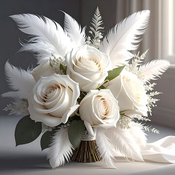 A beautiful bouquet of white roses and feathers on a table