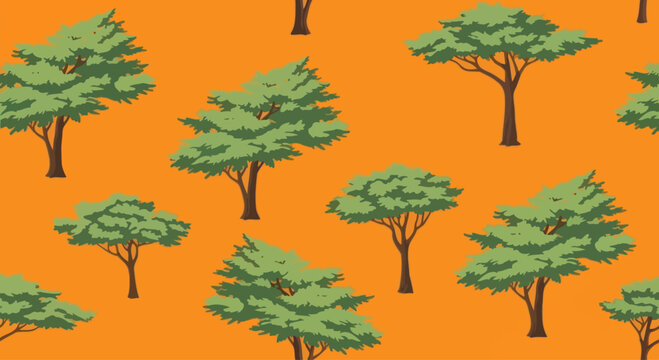 Seamless pattern of stylized trees in green and brown on an orange background, graphic element