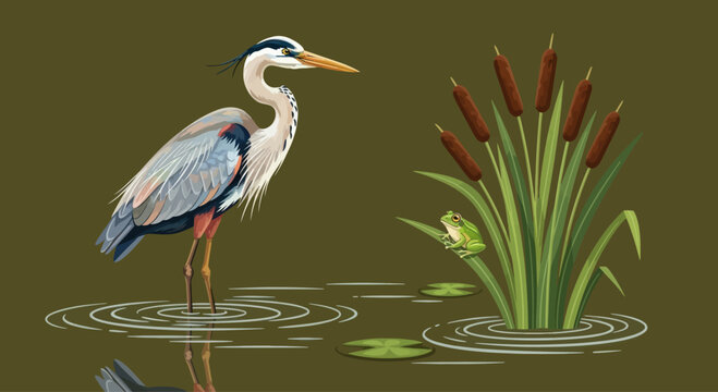 Great blue heron and frog in a marsh with cattails and lily pads, digital illustration